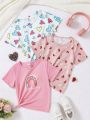 SHEIN Kids EVRYDAY Young Girl's Heart, Strawberry, Flower And Letter Printed T-Shirt