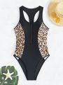 SHEIN Swim SPRTY Women's Leopard Print Splice One Piece Swimsuit With Criss Cross Back