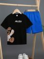 SHEIN Kids QTFun Tween Boys' Casual And Comfortable Bear And Letter Printed T-Shirt And Solid Shorts Set