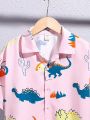SHEIN Kids QTFun Boys' Cute Cartoon Dinosaur Family Print Collar Short Sleeve Woven Shirt