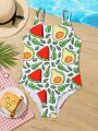 Young Girls' Fruit Printed One-Piece Swimsuit For Vacation