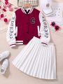 SHEIN Kids FANZEY 2 Casual Letter Print Baseball Jackets And Pleated Skirts