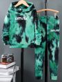 SHEIN Kids HYPEME Boys' (big Kids') Hooded Sweatshirt And Sweatpants Set With Colorful Tie-dye And Letter Prints