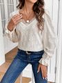 SHEIN Frenchy Ladies' Fashion Diamond Print Lace Trimmed Long Sleeve Shirt