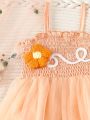 Baby Girls' Romantic And Cute Flower & Letter Embroidery Orange Mesh Bodysuit For Spring/Summer