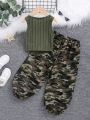 SHEIN Kids HYPEME Little Girls' Knit Solid Color Sleevelesss Top And Camouflage Joggers For Streetwear