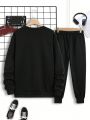 Men's Plus Size Letter Printed Sweatshirt And Slanted Pocket Sweatpants Set