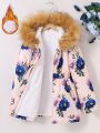 SHEIN Kids EVRYDAY Tween Girl Floral Print Fuzzy Trim Hooded Thermal Lined Winter Coat