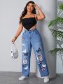Women's Plus Size Butterfly Pattern Printed Straight Leg Jeans With Distressed Detail