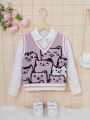 SHEIN Girl's V-neck Cat Pattern Casual Tank Top Sweater