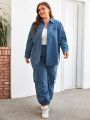 SHEIN Mulvari Plus Size Women'S Letter Print Long Sleeve Shirt And Cargo Pocketed Pants 2pcs/Set