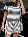 SHEIN LUNE Casual Short Sleeve Striped Round Neck 2pcs Set