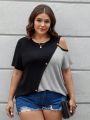 SHEIN LUNE Plus Size Women'S Contrast Color Off Shoulder T-Shirt