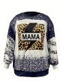 Plus Size Women's Letter & Leopard Print Round Neck Sweatshirt