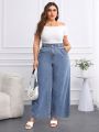 SHEIN LUNE Plus-size Paper Bag Waist Wide Leg Jeans