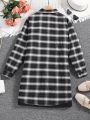SHEIN Kids HYPEME Tween Girls' Casual Street Style Vest Dress And Plaid Shirt
