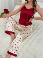 Solid Color Satin Cami Top And Heart Printed Long Pants Pajamas Set