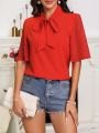 Women's Color Block Butterfly Sleeve Knot Front Shirt