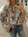 Plus Size Women's Floral Print Full Sleeve Bell Sleeve Top