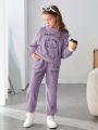 SHEIN Kids Y2Kool Girls' Embroidered Letter Hoodie And Pants Set In Double-sided Velvet Fabric