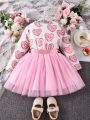 SHEIN Kids CHARMNG Little Girls' Romantic & Lovely Heart Printed Round Neck Long Sleeve Mesh Dress For Spring & Autumn