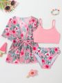 3pcs/Set Young Kids' Swimsuit Set/Random Print/Ruffled Edge With Lock Edge