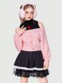 Kawaii Cold Shoulder Neckline Sweater With Cross Pattern And Lantern Sleeves
