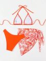 Women'S Plant Pattern Halter Neck Bikini Set