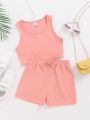 SHEIN Kids EVRYDAY Girls' Knit Texture Vest And Shorts Casual Set