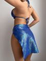 SHEIN Swim Basics Holographic Bikini Set With Ruffle Trim, Knotted Side And Beach Skirt