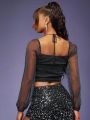 SHOP STYLE Draped Collar Lantern Sleeve Glitter Crop Top