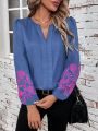 SHEIN LUNE Flower Embroidery Notch Neck Blouse