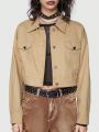 Grunge Punk Women's Solid Color Drop Shoulder Cropped Jacket