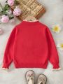 Young Girl Floral Embroidery Knit Open Front Cardigan