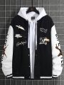 Men Plus Letter Graphic Two Tone Striped Trim Varsity Jacket Without Hoodie