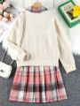Teenage Girls' Teddy Bear Patchwork Sweatshirt, Plaid Pleated Skirt And Tie Set