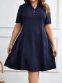 EMERY ROSE Plus Size V-Neck Button Decor Short Sleeve Solid Color Elegant Dress