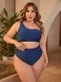 SHEIN Swim Basics Plus Size Women'S Monochromatic One Shoulder Sleeveless Swimsuit