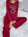 2pcs/set Letter Printed Bear Motif T-shirt And Plain Pants Pajamas Set