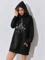 Moon & Hand Graphic Kangaroo Pocket Drop Shoulder Drawstring Hoodie Dress