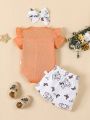 Infant Girls' Letter & Little Elephant Printed Romper And Butterfly Printed Shorts Set