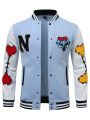 Men Letter & Heart Patched Striped Trim Varsity Jacket