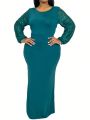 Plus Size Green Round Neck Glitter Lantern Sleeve Elegant Extra Long Mermaid Dress