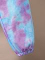 Teen Girls' Letter Print Tie Dye Inner Lined Hoodie And Sports Pants Two Piece Set For Warmth