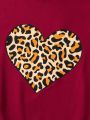 Young Girl Leopard & Heart Print Contrast Side Seam Hoodie & Sweatpants