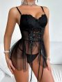 2pcs/Set Women's Sexy Mesh Lingerie Dress With Underwire And Thong