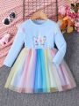 SHEIN Kids EVRYDAY Little Girls' Unicorn Print Tulle Splice Dress