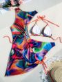 SHEIN Swim BAE Women's Halter Neck Printed Two-Piece Swimsuit