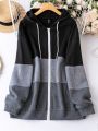 Plus Colorblock Zip Up Drawstring Hoodie