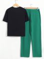 SHEIN Teen Boys' Casual Comfortable Short Sleeve T-shirt With English Print, Knit Straight Leg Pants Outfit